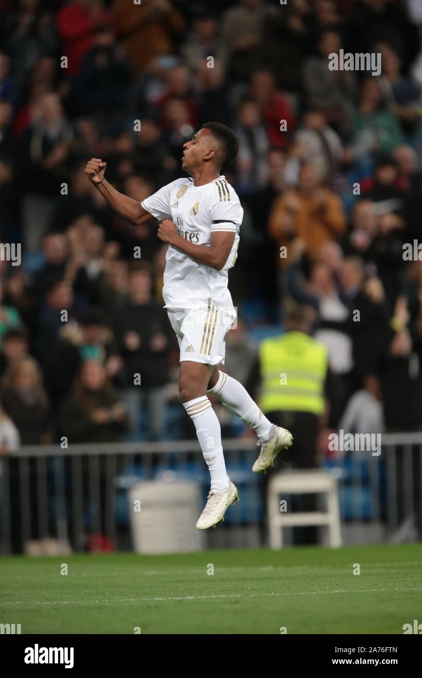 Madrid, Spain; 30/10/2019.Soccer of La Liga match 11 2019-2020 Real Madrid  against Leganes held at Santiago Bernabeu stadium, in Madrid. Rodrygo  Madrid Player score the first goal Photo: Juan Carlos Rojas/Picture  Alliance