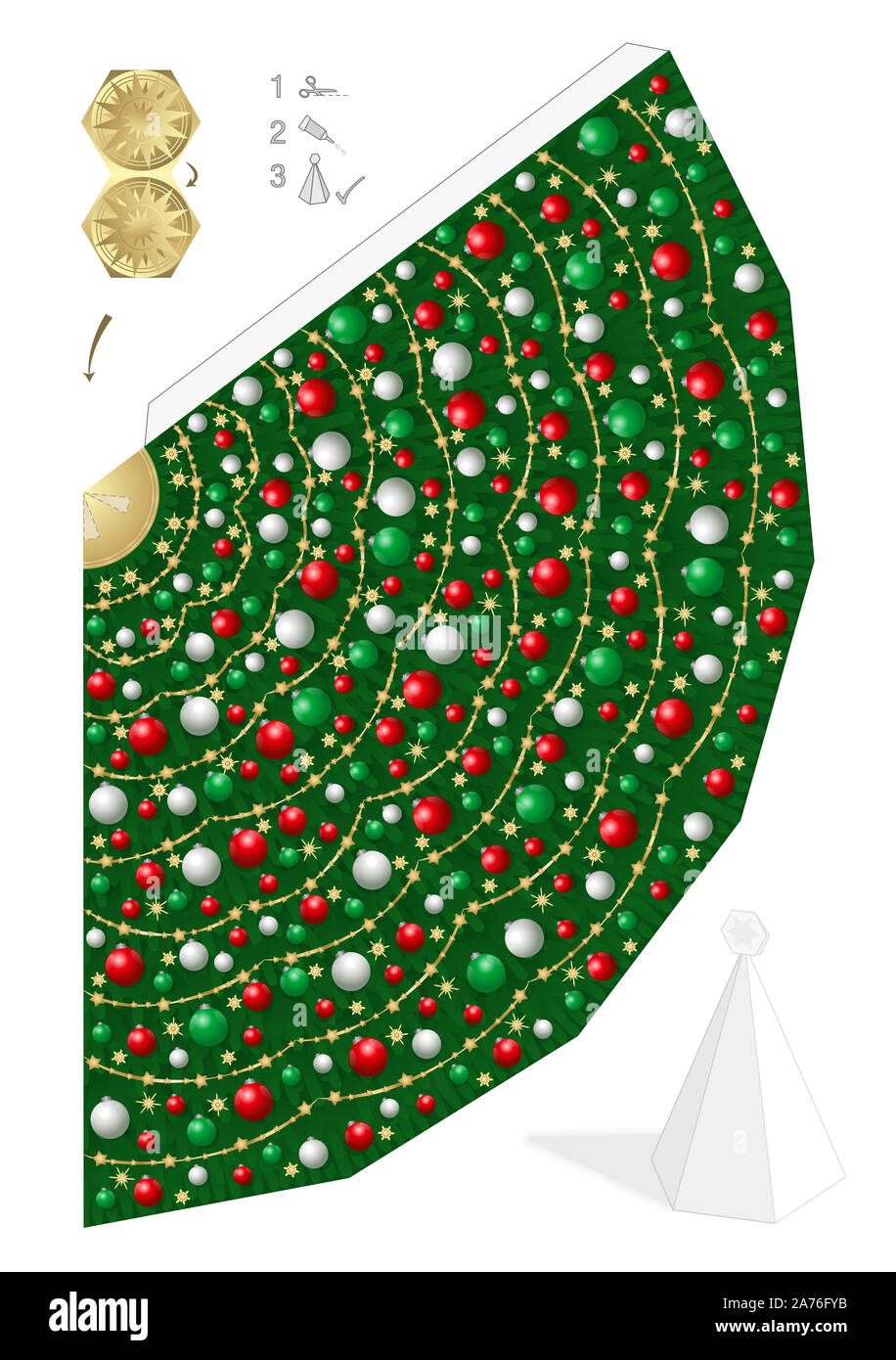 Paper model of christmas tree with red, green and white christmas balls and straw stars. Template to cut out, to fold and glue. Stock Photo
