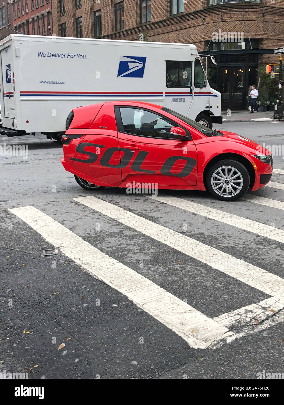 New York, New York, USA. 30th Oct, 2019. The new Electra Meccanica wheeled cars were on a roll in Tribeca NYC. The luxury EV is classified as a motocycle with 3 wheels''¦2 in front ''¦one in rear. The Canadian cars sell for approx $15,000 US. Credit: Milo Hess/ZUMA Wire/Alamy Live News Stock Photo