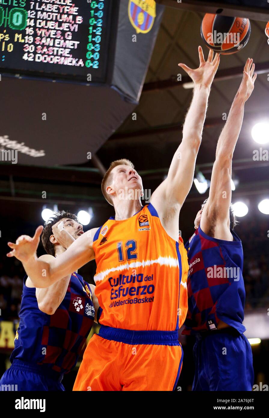 Barcelona Lassa's guard Leandro Bolmaro (R) in action against Valencia  Basket's forward Brock Motum (C) during the Euroleague basketball match  between Barlona Lassa and Valencia Basket at Palau Blaugrana pavilion in  Barcelona,