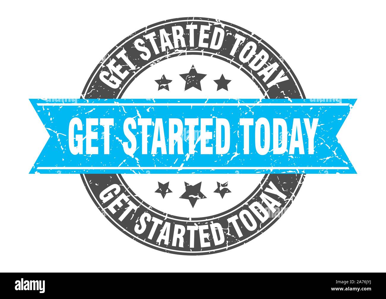 get started today round stamp with turquoise ribbon. get started today Stock Vector