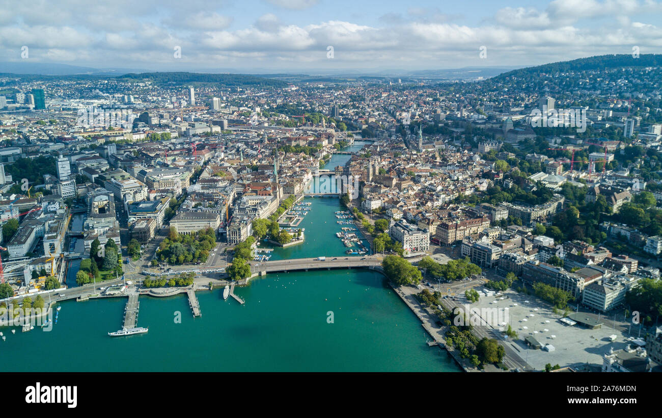 Beautiful aerial drone view of Zurich city and lake, during summer time, in  Switzerland Stock Photo - Alamy