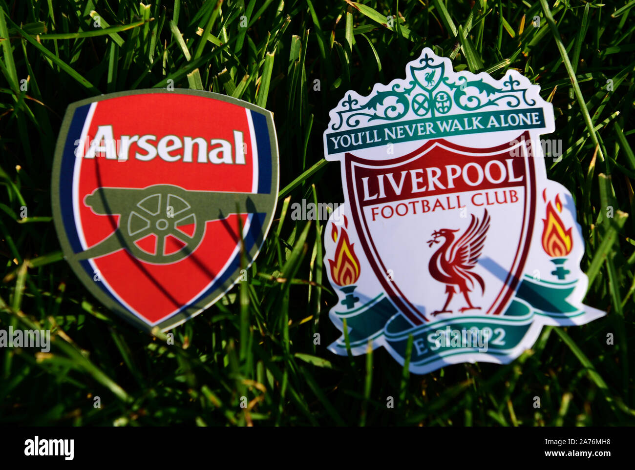 September 6 2019 London Uk Emblems Of English Football Clubs Rsenal F C London And Liverpool On The Green Lawn Grass Stock Photo Alamy