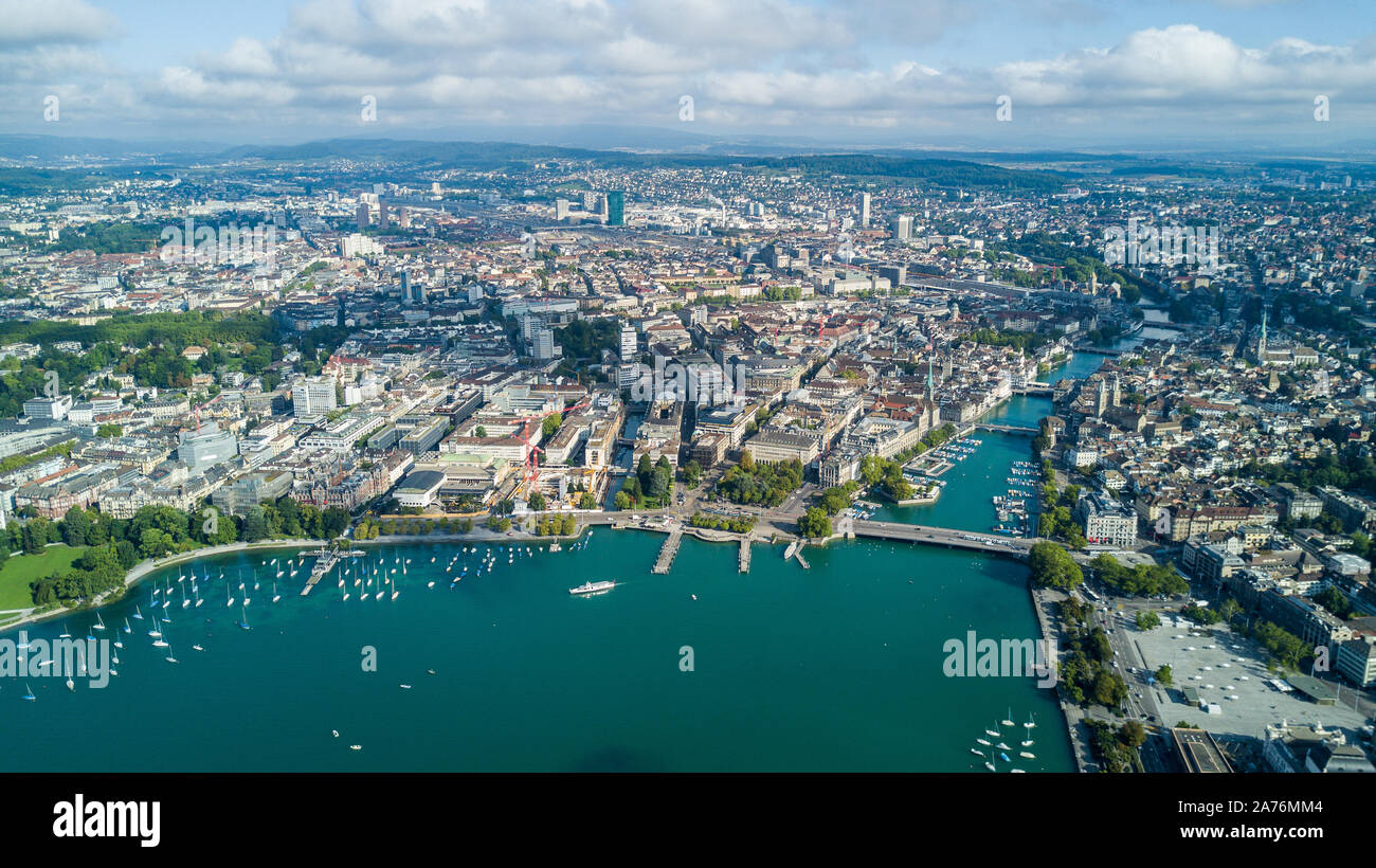 Beautiful aerial drone view of Zurich city and lake, during summer time, in  Switzerland Stock Photo - Alamy