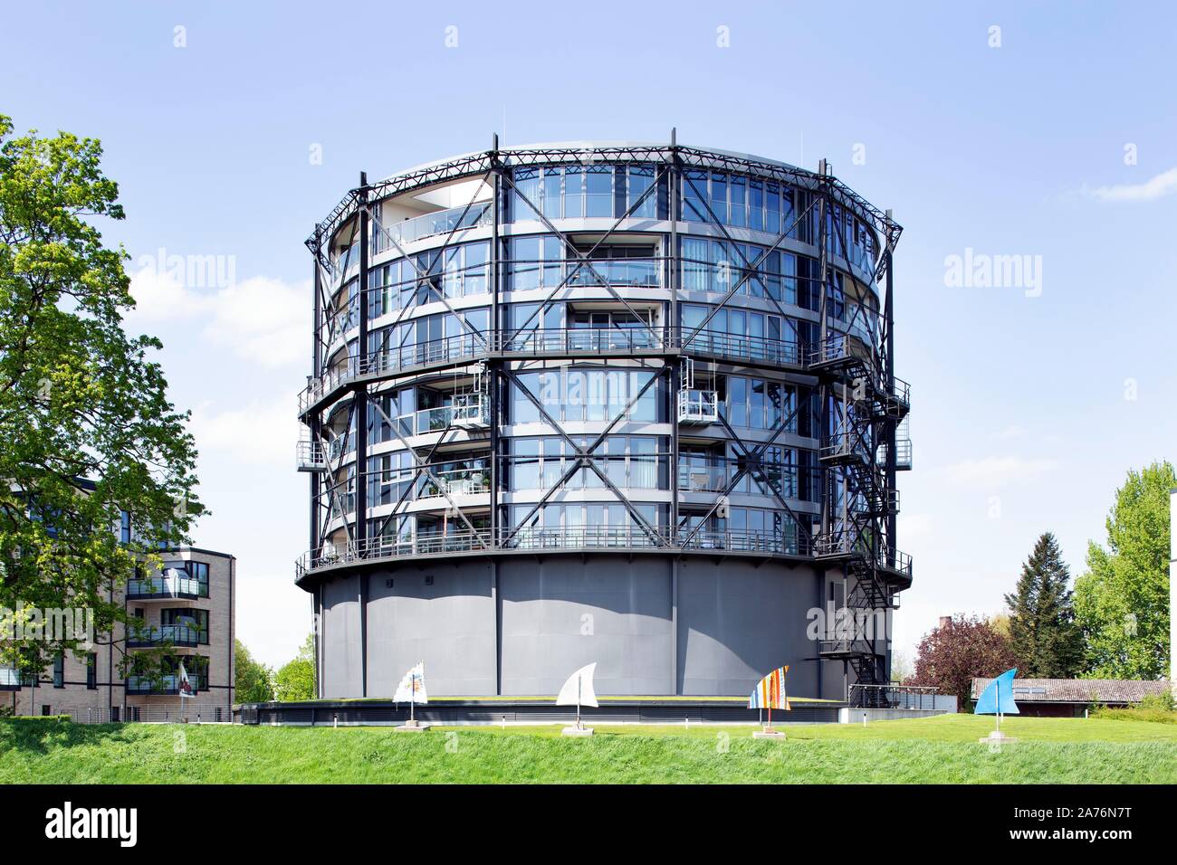 Gas container at Stade city port, industrial monument, today residential building, Stade, Lower Saxony, Germany Stock Photo