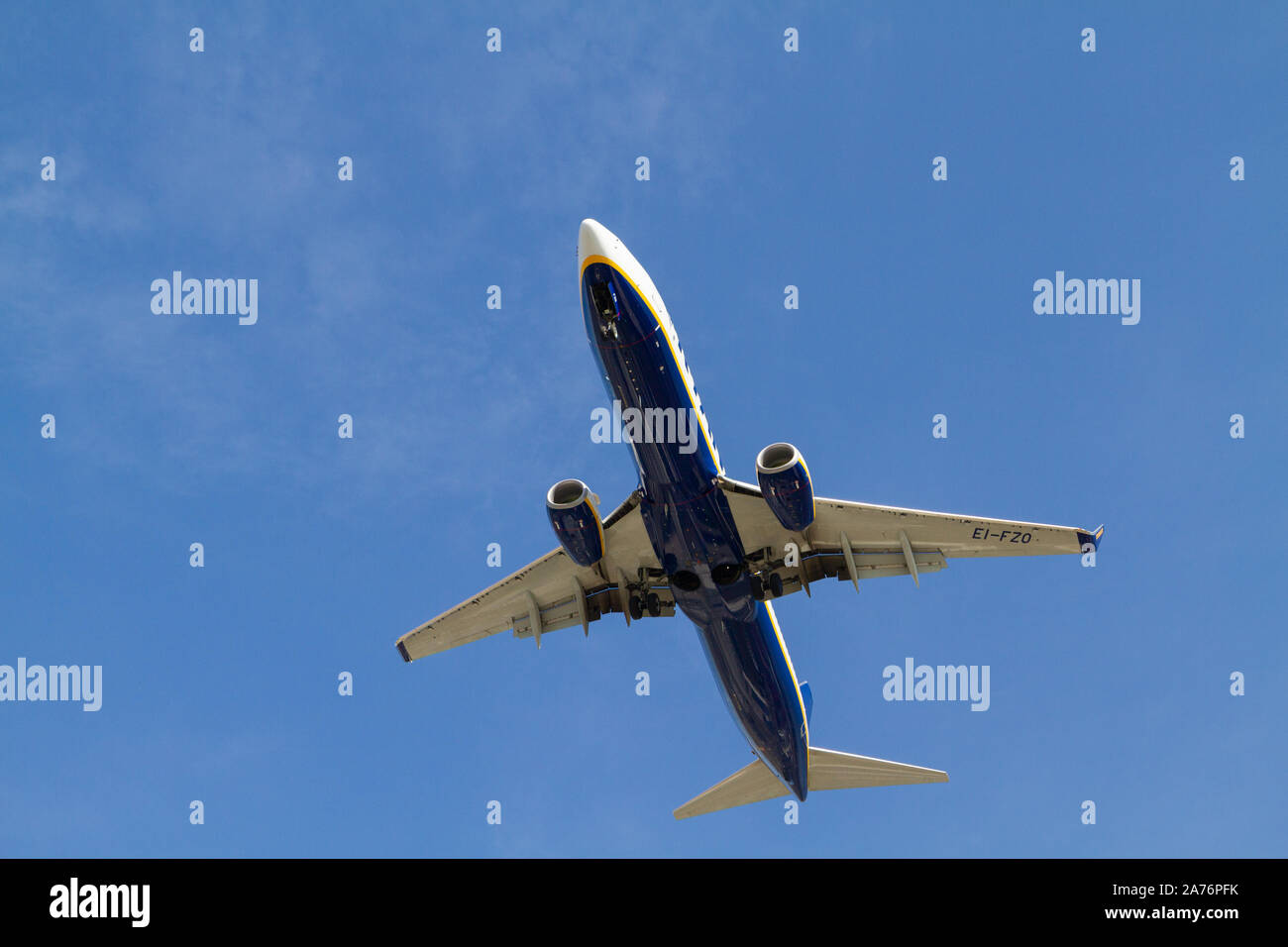 A Ryanair Boeing 737-800 aircraft in the sky just before landing. Stock Photo