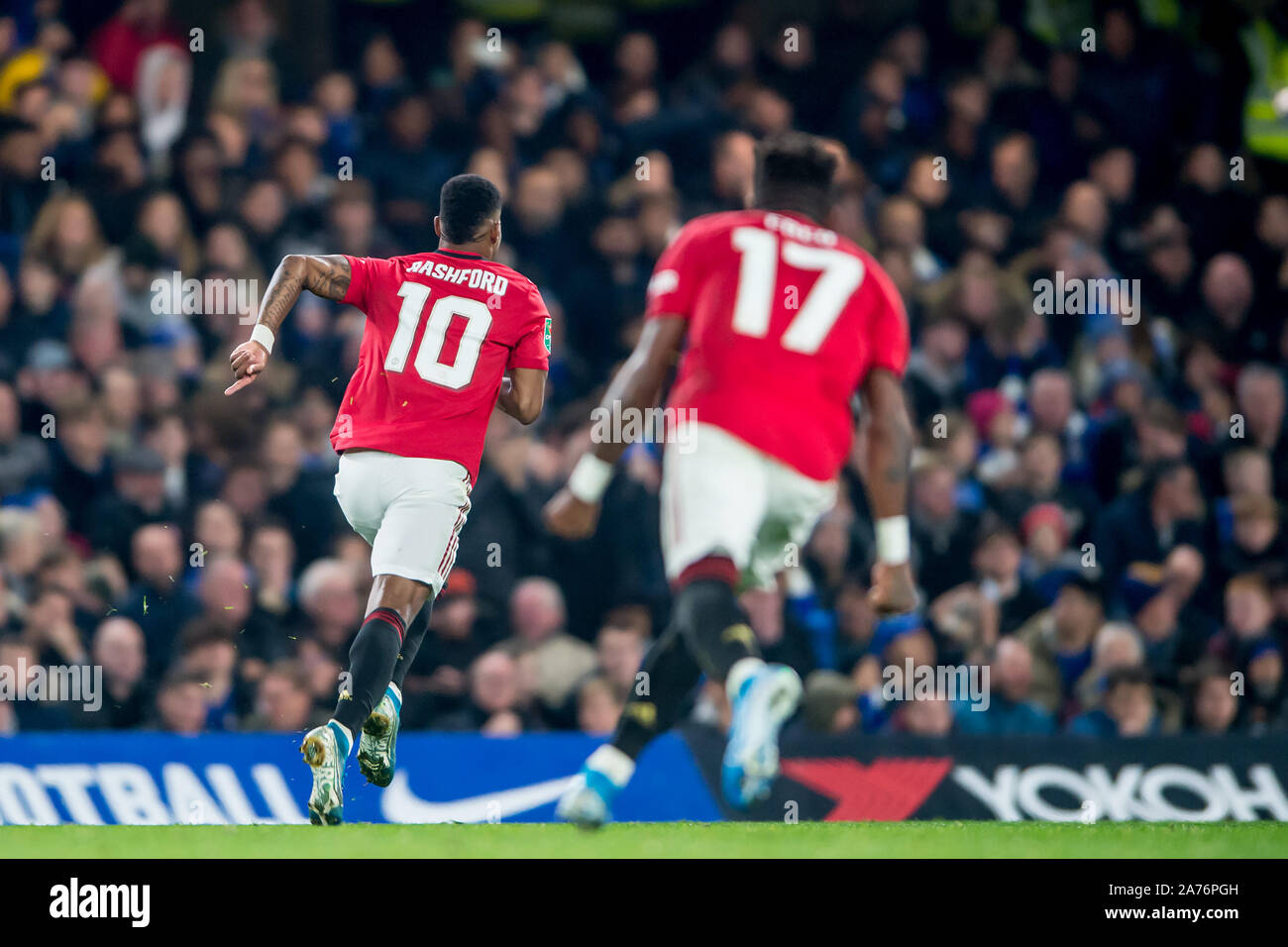 London, UK. 30th Oct, 2019. Marcus Rashford of Manchester United celebrates scoring his goal during the EFL Carabao Cup Round of 16 match between Chelsea and Manchester United at Stamford Bridge, London, England. Photo by Salvio Calabrese. Editorial use only, license required for commercial use. No use in betting, games or a single club/league/player publications. Credit: UK Sports Pics Ltd/Alamy Live News Stock Photo