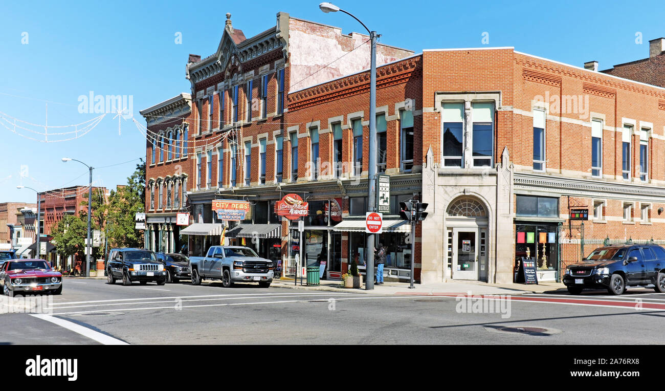 The main street in historic Mansfield, Ohio, USA is a typical small-town center with small businesses and architecture that has been restored. Stock Photo