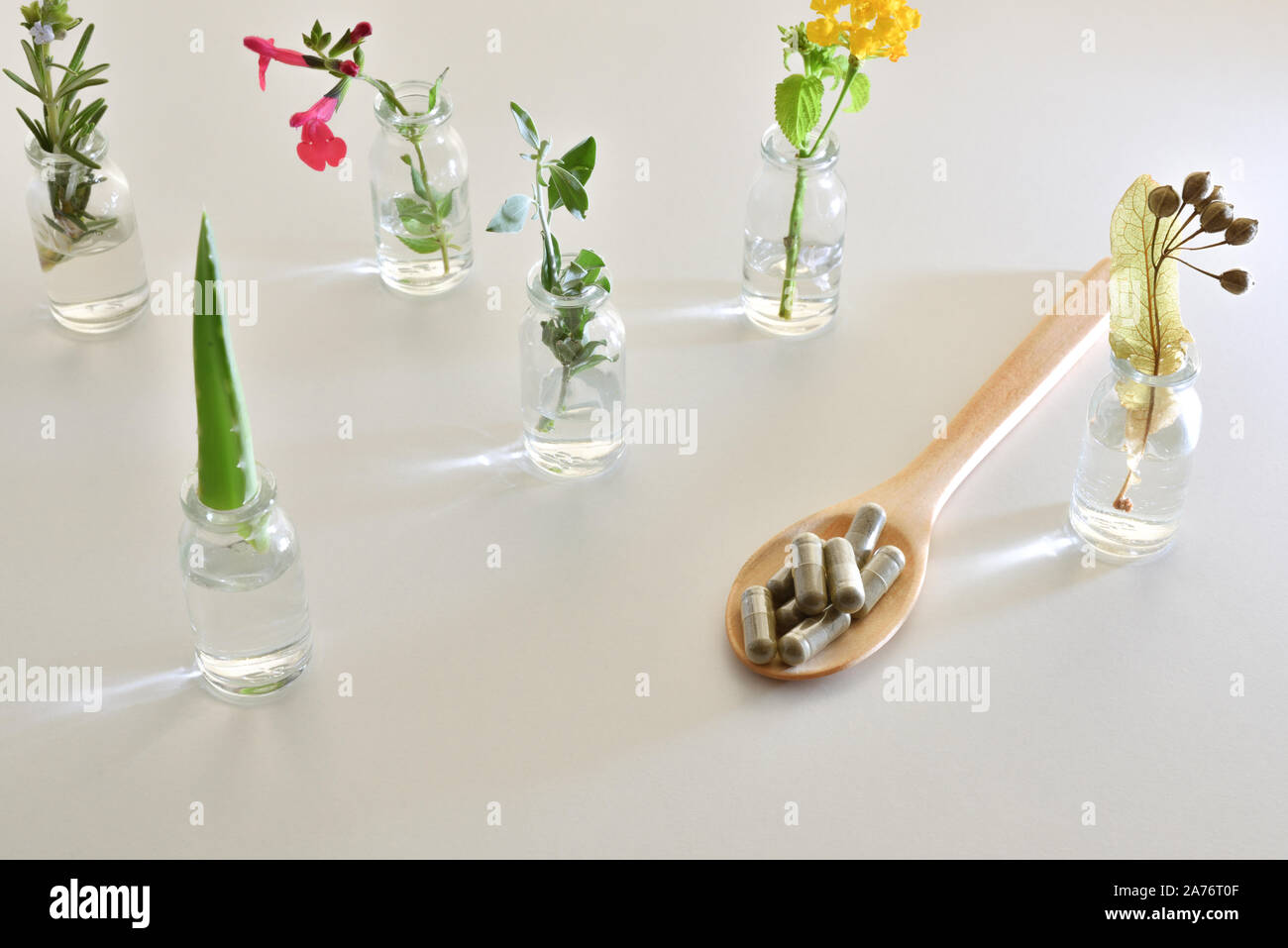 Bottles with plant essence liquid with plants inside and natural herb capsules on white table. Alternative natural medicine concept. Elevated view. Ho Stock Photo