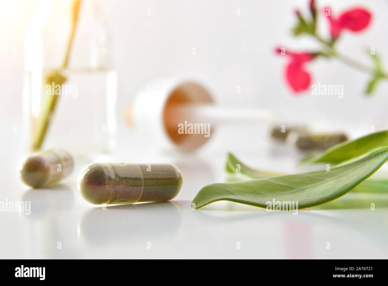 Natural medicine capsules with plants flowers and jar in background. Natural medicine concept. Front view. Horizontal composition. Stock Photo