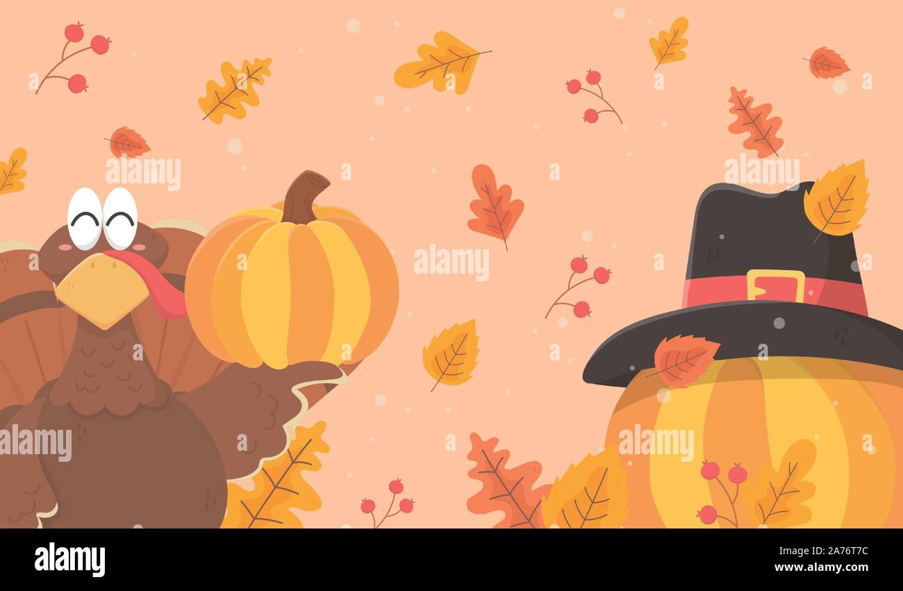 turkey pumpkins with pilgrim hat leaves happy thanksgiving celebration ...
