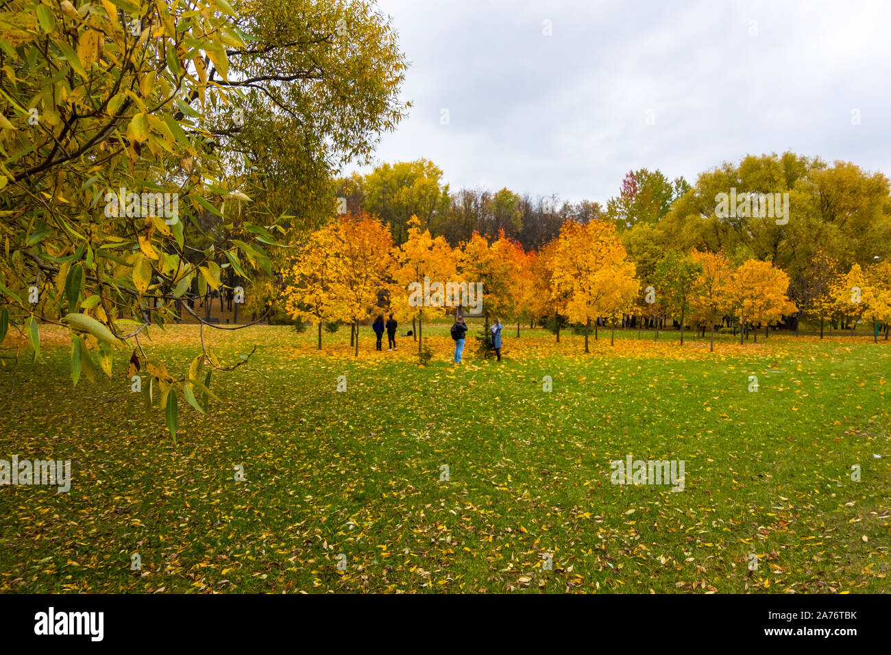 Scenic view of the city park with multicolored fall foliage in downtown Minsk, Belarus Stock Photo