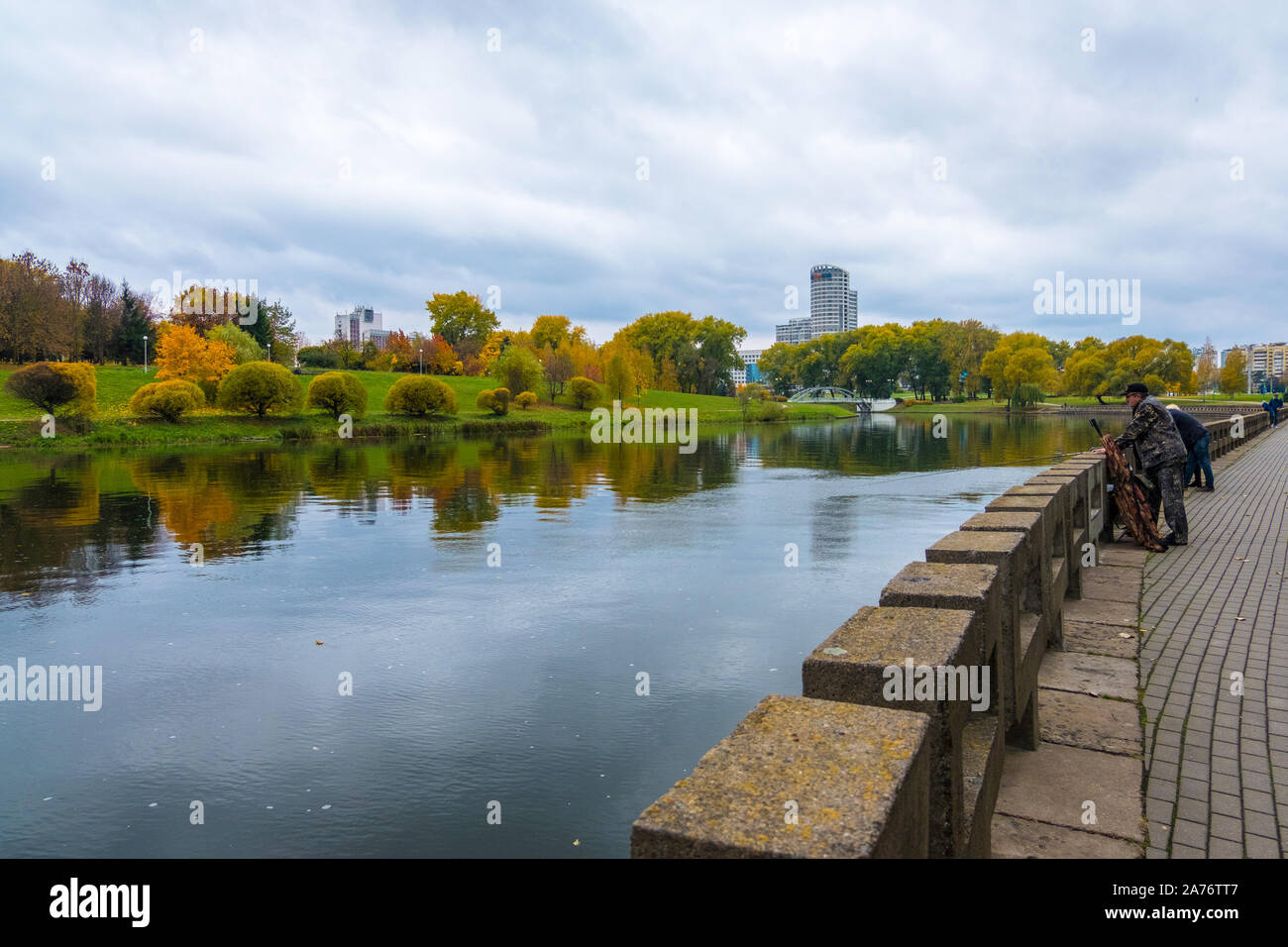 Minsk, Belarus - October, 13, 2019: Svisloch river and autumn cityscape of district Nyamiha in downtown Minsk, Belarus Stock Photo