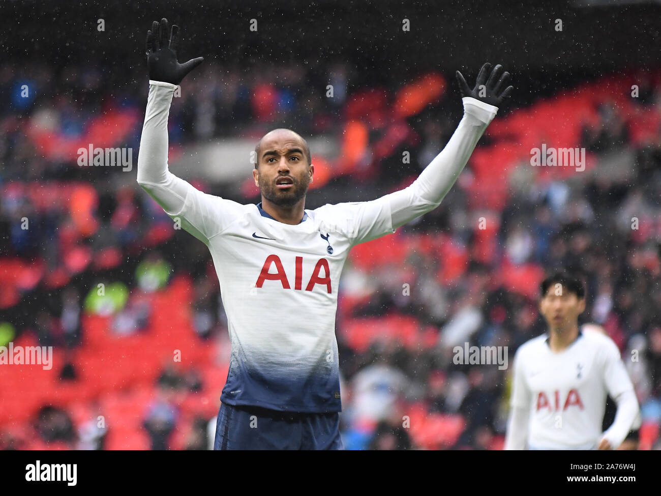 LONDON, ENGLAND - OCTOBER 6, 2018: Lucas Moura of Tottenham pictured during the 2018/19 English Premier League game between Tottenham Hotspur and Cardiff City at Wembley Stadium. Stock Photo
