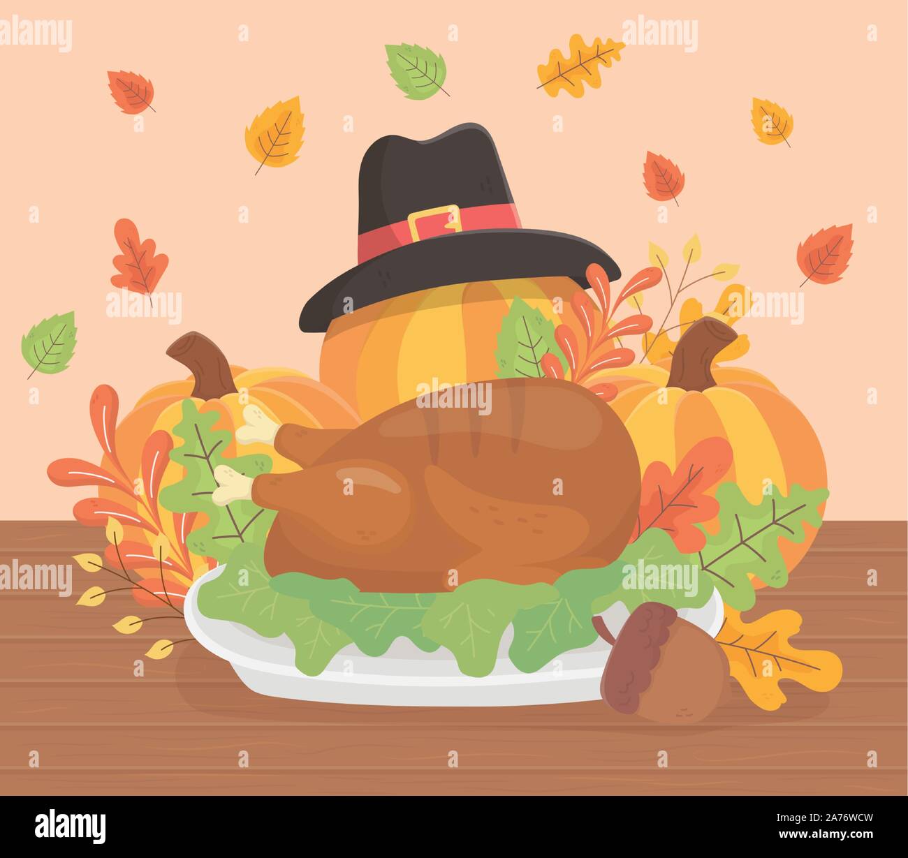 happy thanksgiving roasted turkey pumpkins hat acorn foliage ...