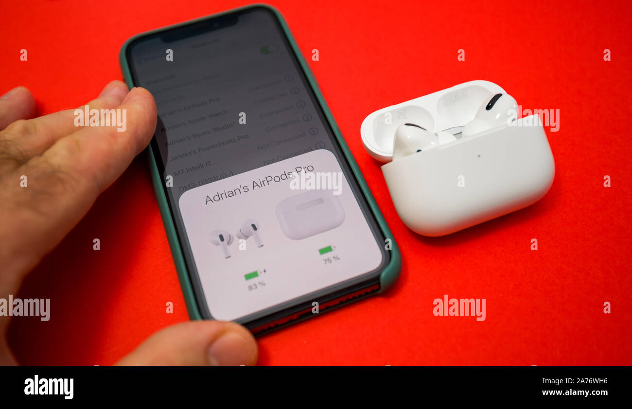 Paris, France - Oct 30, 2019: Connection to the iPhone 11 Pro smartphone of  new Apple Computers AirPods Pro headphones with Active Noise Cancellation  for immersive sound Stock Photo - Alamy