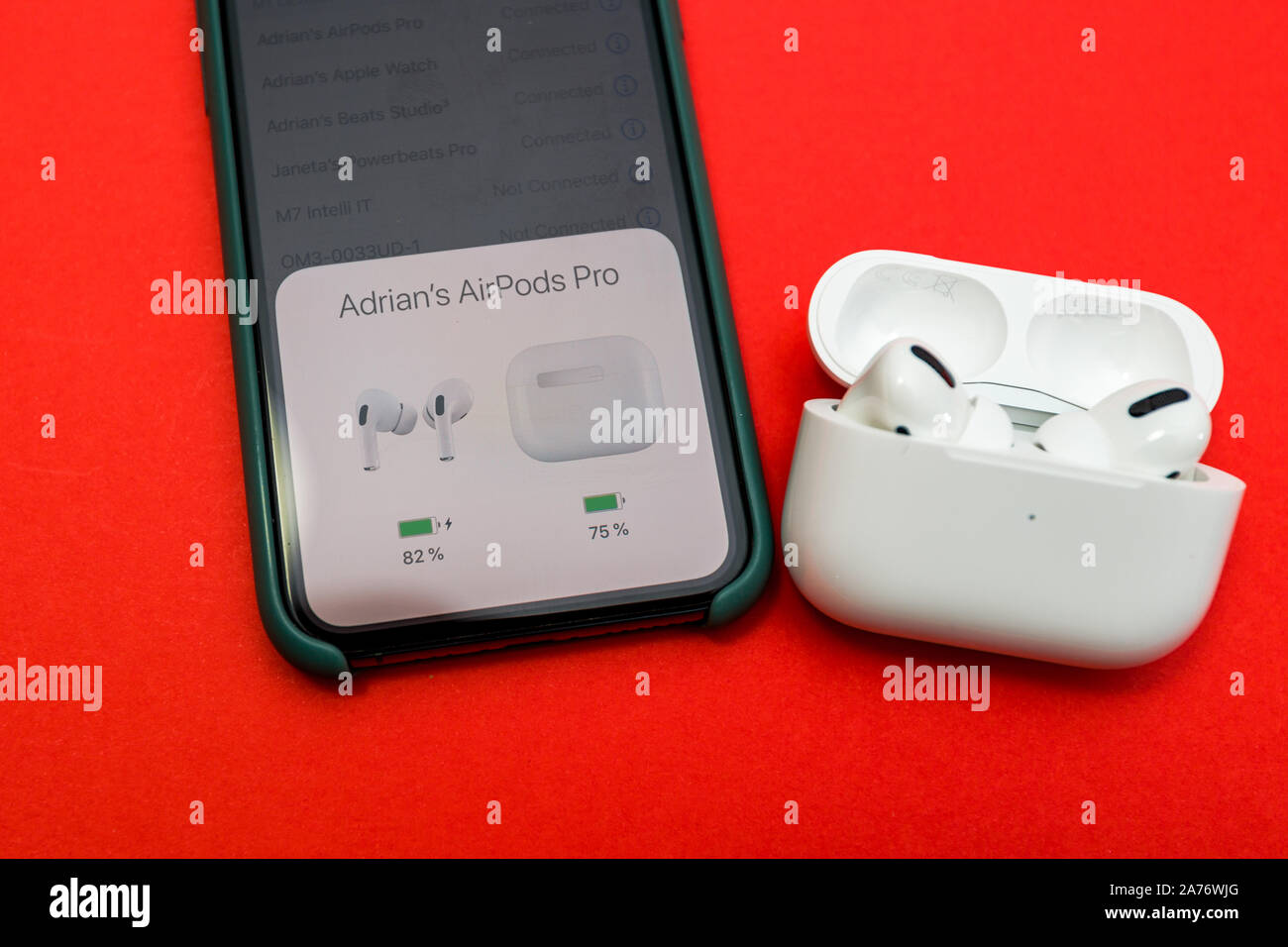 Paris, France - Oct 30, 2019: Connection to the iPhone 11 Pro smartphone of  new Apple Computers AirPods Pro headphones with Active Noise Cancellation  for immersive sound Stock Photo - Alamy