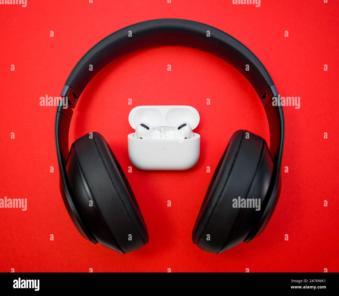 Paris, France - Oct 30, 2019: New Apple Computers AirPods Pro headphones with Active Noise Cancellation for immersive sound and Beats Studio Wireless by Dr Dre Stock Photo