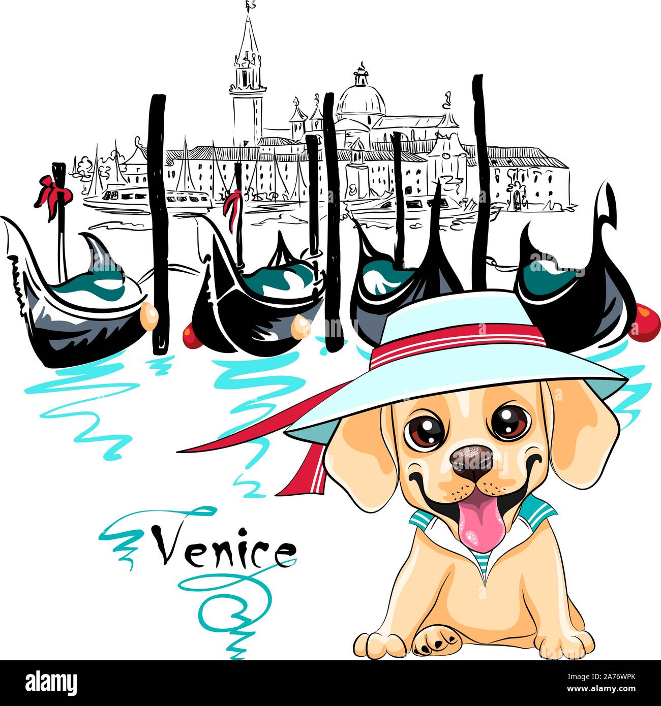 Vector cute little white puppy Labrador Retriever dog in Venice, Italia. Stock Vector