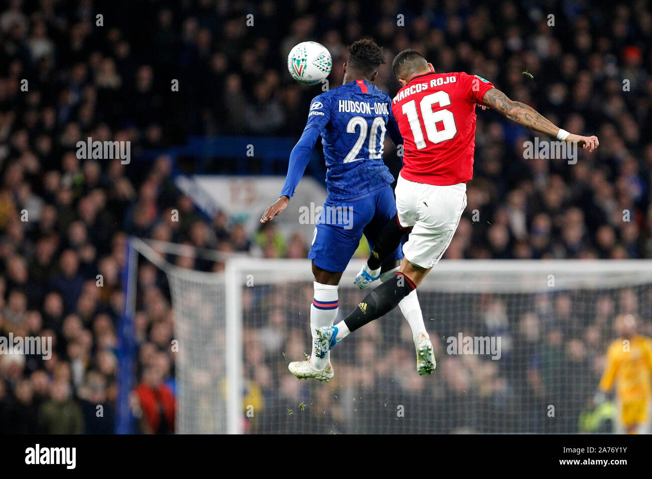 London, UK. 30th Oct, 2019. Callum Hudson-Odoi of Chelsea and Marcos Rojo of Manchester United compete for the ball during the Carabao Cup match between Chelsea and Manchester United at Stamford Bridge, London, England on 30 October 2019. Photo by Carlton Myrie. Credit: PRiME Media Images/Alamy Live News Stock Photo