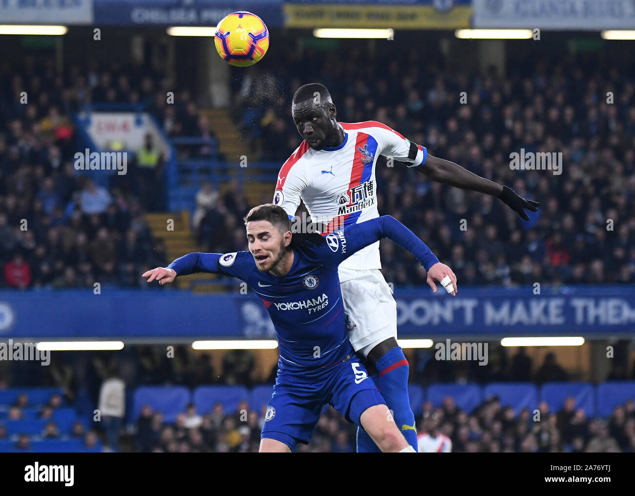 LONDON, ENGLAND - NOVEMBER 4, 2018: Jorge Luiz Frello Filho (Jorginho) of Chelsea and Cheikhou Kouyate of Palace pictured during the 2018/19 Premier League game between Chelsea FC and Crystal Palace FC at Stamford Bridge. Stock Photo