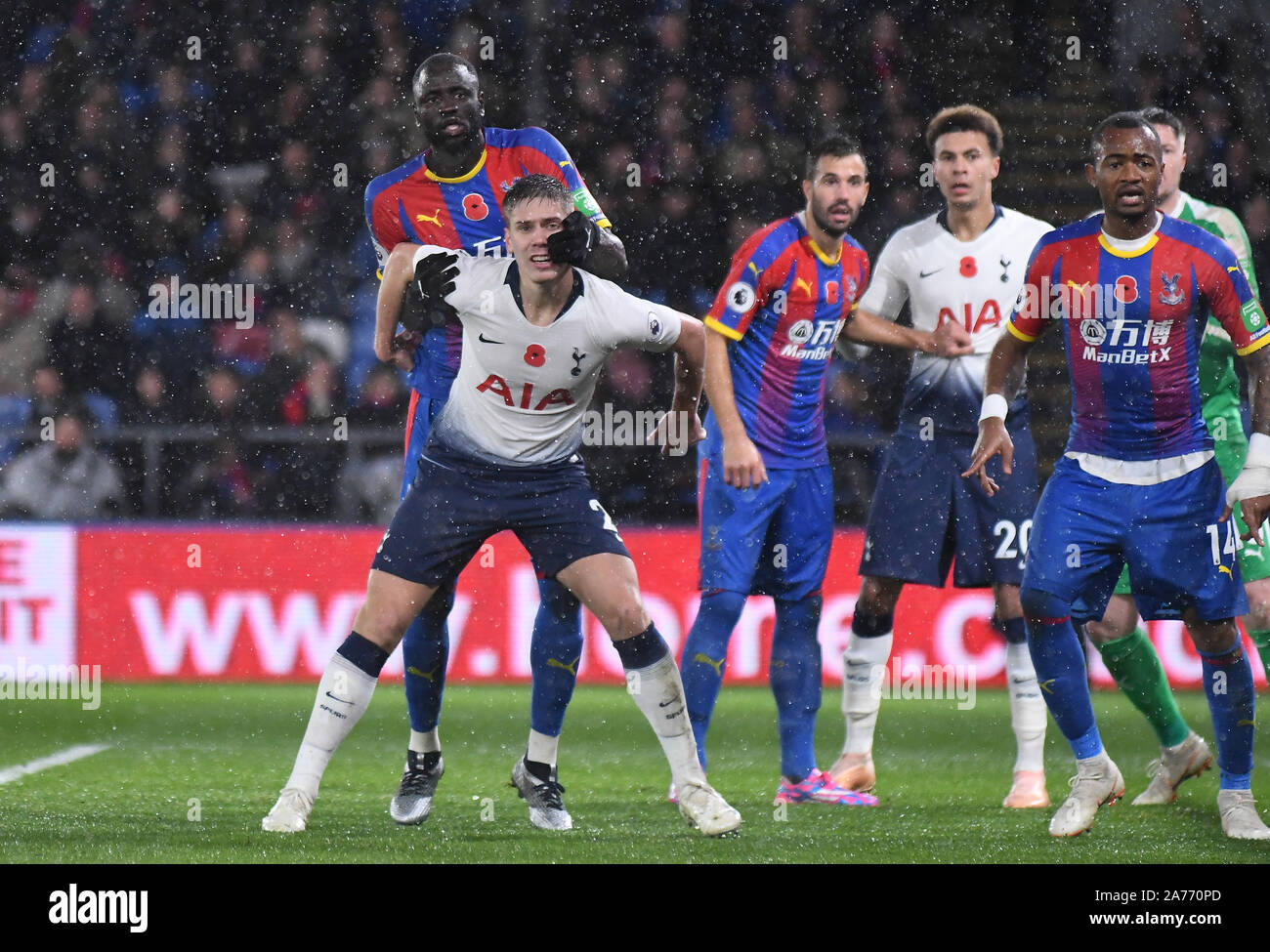 LONDON, ENGLAND - NOVEMBER 10, 2018: Cheikhou Kouyate of Palace and Juan Foyth of Tottenham pictured during the 2018/19 Premier League game between Crystal Palace and Tottenham Hotspur at Selhurst Park. Stock Photo