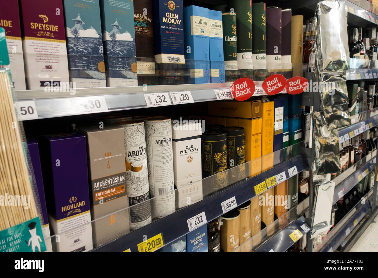 A Selection of Scotch Single Malt Whiskey in UK Superstore, England, UK. Stock Photo