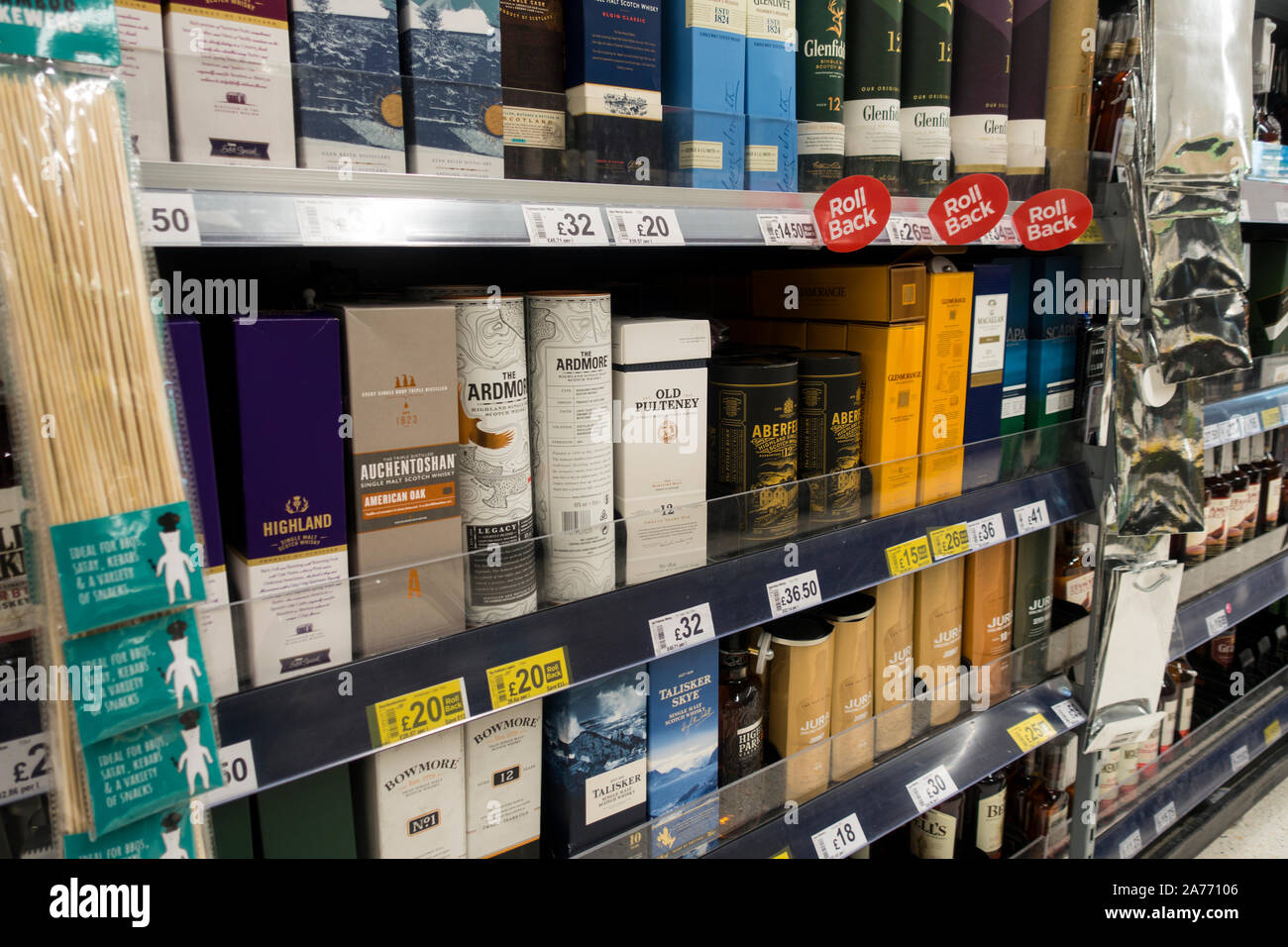 A Selection of Scotch Single Malt Whiskey in UK Superstore, England, UK. Stock Photo