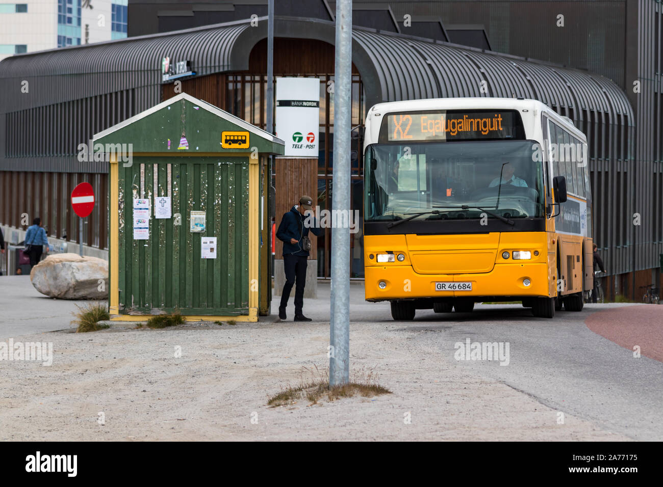 Wooden bus stop in the Nuuk city centre. Stock Photo