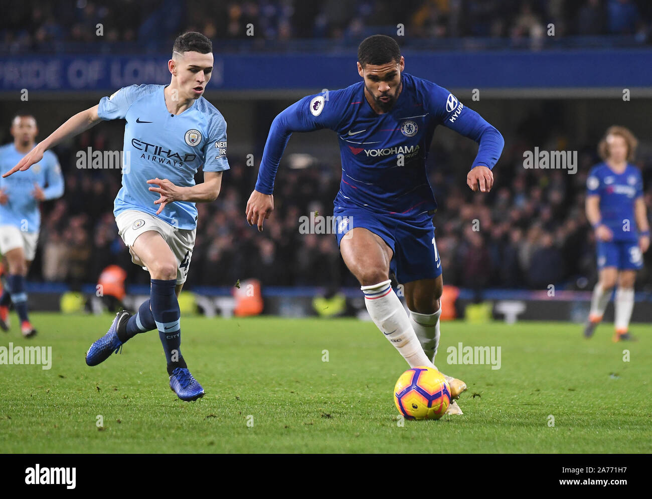 LONDON, ENGLAND - DECEMBER 8, 2018: Phil Foden of City (L) and Ruben Loftus-Cheek of Chelsea (R) pictured during the 2018/19 Premier League game between Chelsea FC and Manchester City at Stamford Bridge. Stock Photo