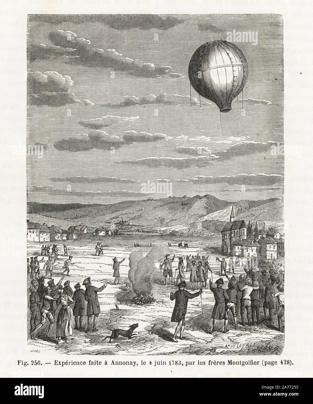 Air balloon flight in June 1783 by the Montgolfier brothers, Etienne and Joseph, at Annonay. Woodblock engraving by Lara after A. de la Fage from Louis Figuier's 'Les Merveilles de la Science: Aerostats' (Marvels of Science: Air Balloons), Furne, Jouvet et Cie, Paris, 1868. Stock Photo