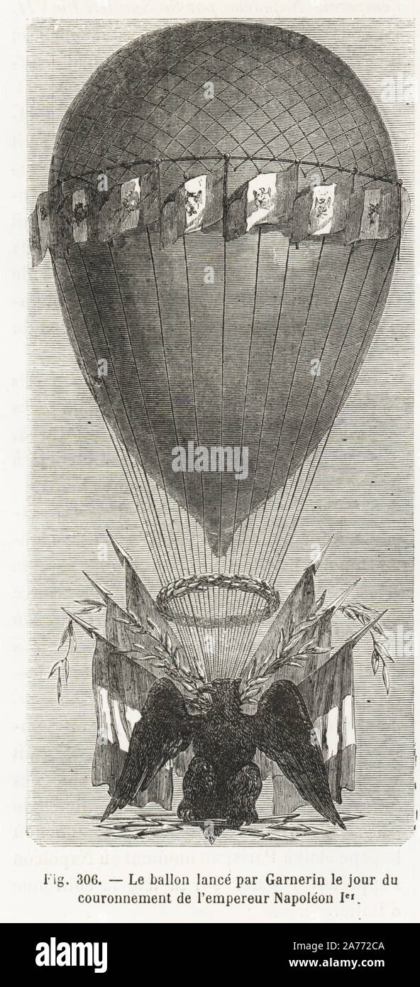 Balloon launched by Andre-Jacques Garnerin on the day of the coronation of  Emperor Napoleon. Woodblock engraving from Louis Figuier's "Les Merveilles  de la Science: Aerostats" (Marvels of Science: Air Balloons), Furne, Jouvet