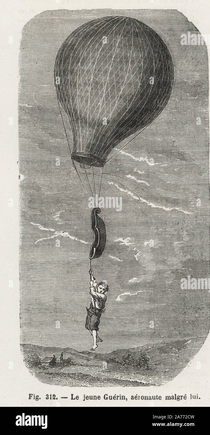 Accidental balloon ride of 12-year-old Guerin in Nantes, 1845. The balloon's anchor caught in his trouser belt and took him 300m in the air. Woodblock engraving from Louis Figuier's 'Les Merveilles de la Science: Aerostats' (Marvels of Science: Air Balloons), Furne, Jouvet et Cie, Paris, 1868. Stock Photo