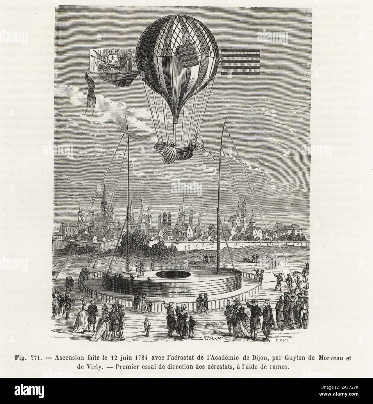 Balloon ascent by Guyton de Morveau and Charles de Virly of the Dijon parliament, at Dijon, 1784. First attempt to steer a balloon with oars. Woodblock engraving from Louis Figuier's 'Les Merveilles de la Science: Aerostats' (Marvels of Science: Air Balloons), Furne, Jouvet et Cie, Paris, 1868. Stock Photo