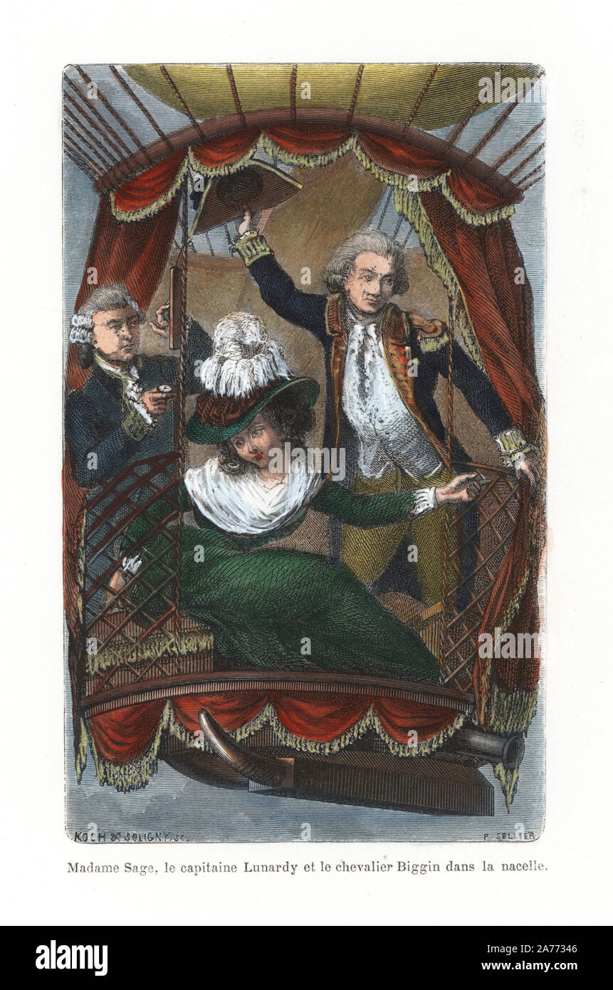 Captain Vincenzo Lunardi, the Italian daredevil aeronaut, Madame Laetitia Sage and George Biggin during the first balloon flight in London, June 29, 1785. Madame Sage was the first woman to fly in a balloon. In fact, the nacelle could only carry two passengers, so Lunardi stepped down. Handcolored engraving Koch & Soligny after P. Sellier from Sircos and Pallier's 'Histoire des Ballons,' Roy, Paris, 1876. Stock Photo
