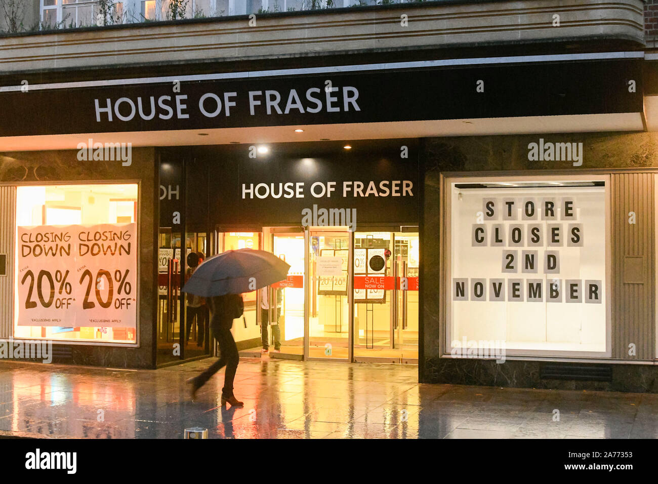 Exeter Devon, UK.  30th October 2019. View of the House of Fraser department store on Hight Street in Exeter which is closing down on Saturday 2nd November.  Picture Credit: Graham Hunt/Alamy Live News Stock Photo