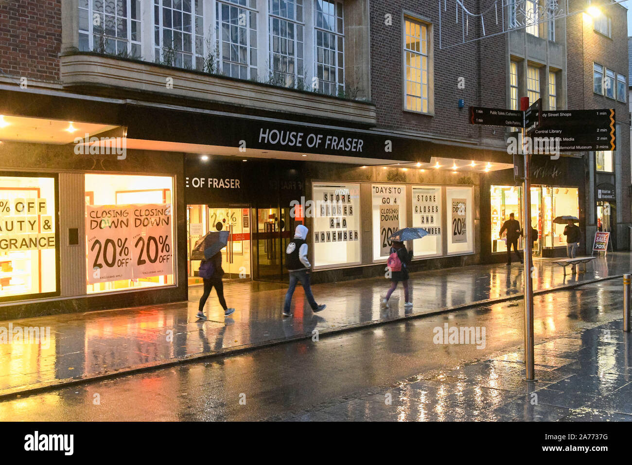 Exeter Devon, UK.  30th October 2019. View of the House of Fraser department store on Hight Street in Exeter which is closing down on Saturday 2nd November.  Picture Credit: Graham Hunt/Alamy Live News Stock Photo