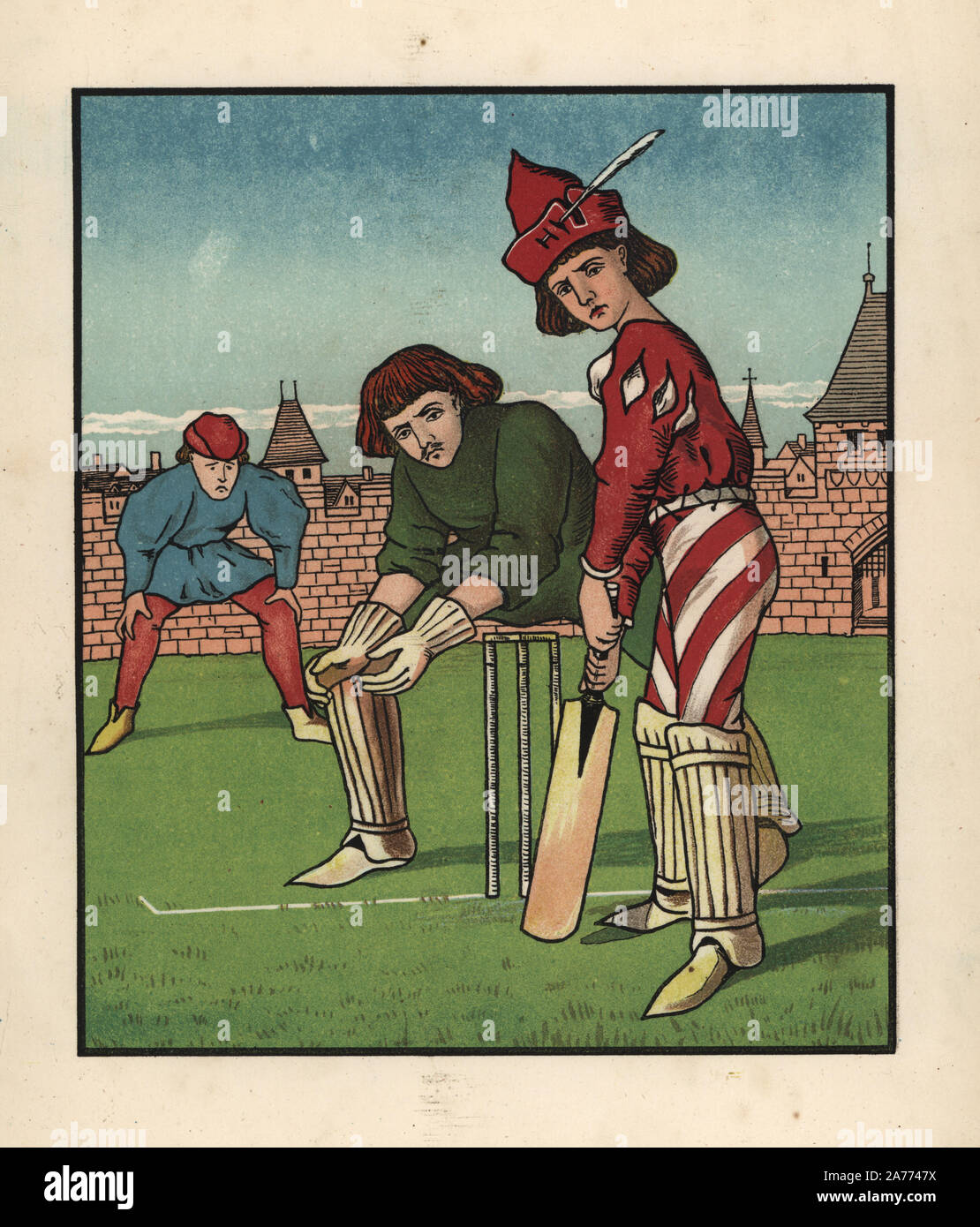 Medieval youth at bat in a game of cricket on a green in front of a walled town. They wear modern cricket pads and protective gloves. Handcoloured lithograph after an illustration by J. E. Rogers from Francis Cowley Burnand's 'Present Pastimes of Merrie England, Cassell, London, 1873. Stock Photo