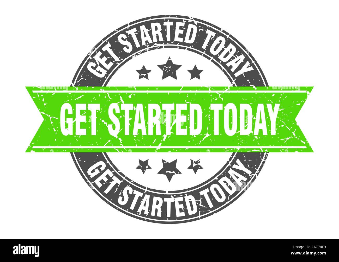 get started today round stamp with green ribbon. get started today Stock Vector