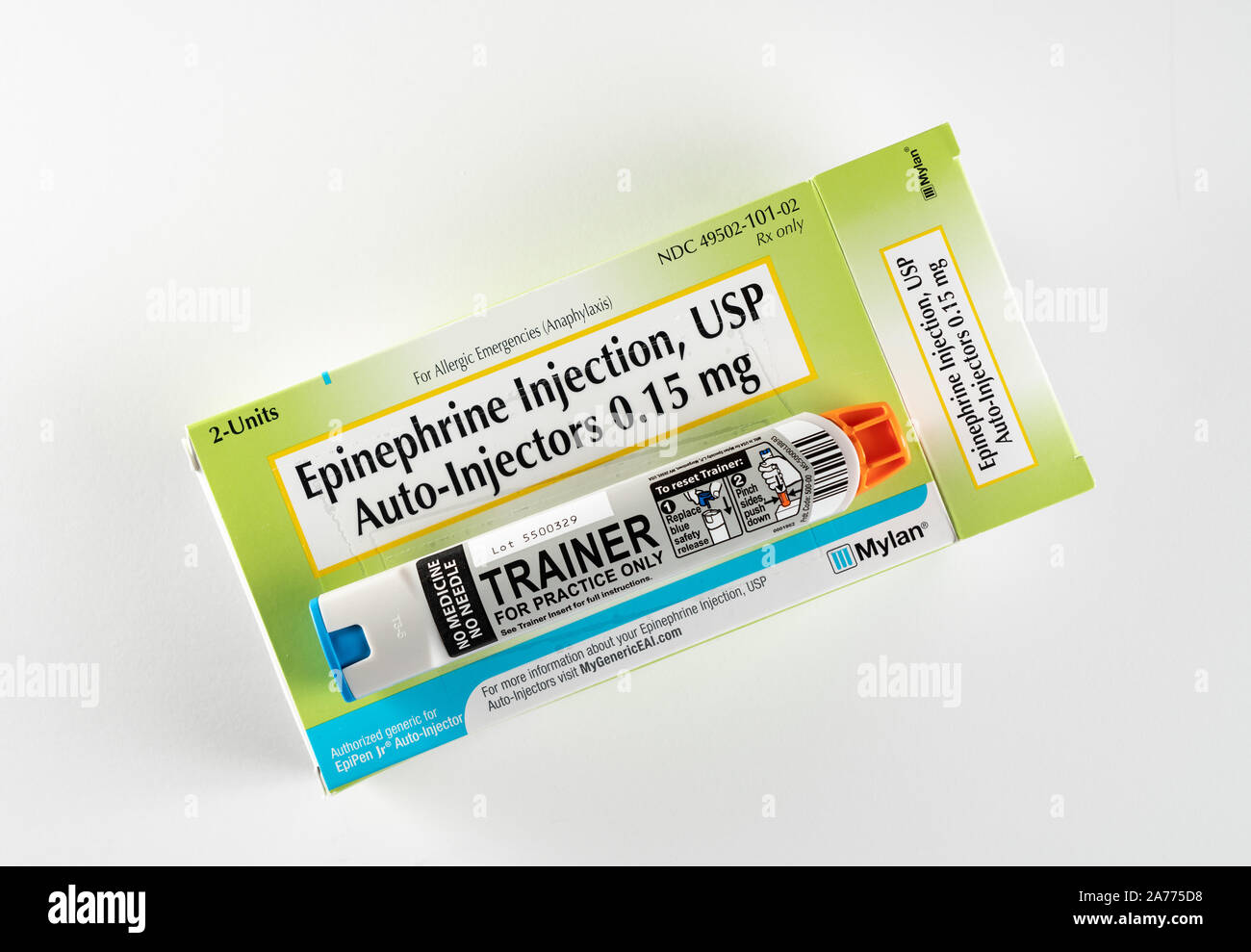Morgantown, WV - 30 October 2019: Prescription box for two junior EpiPens for anaphylaxis in children or infants with trainer on top of box Stock Photo