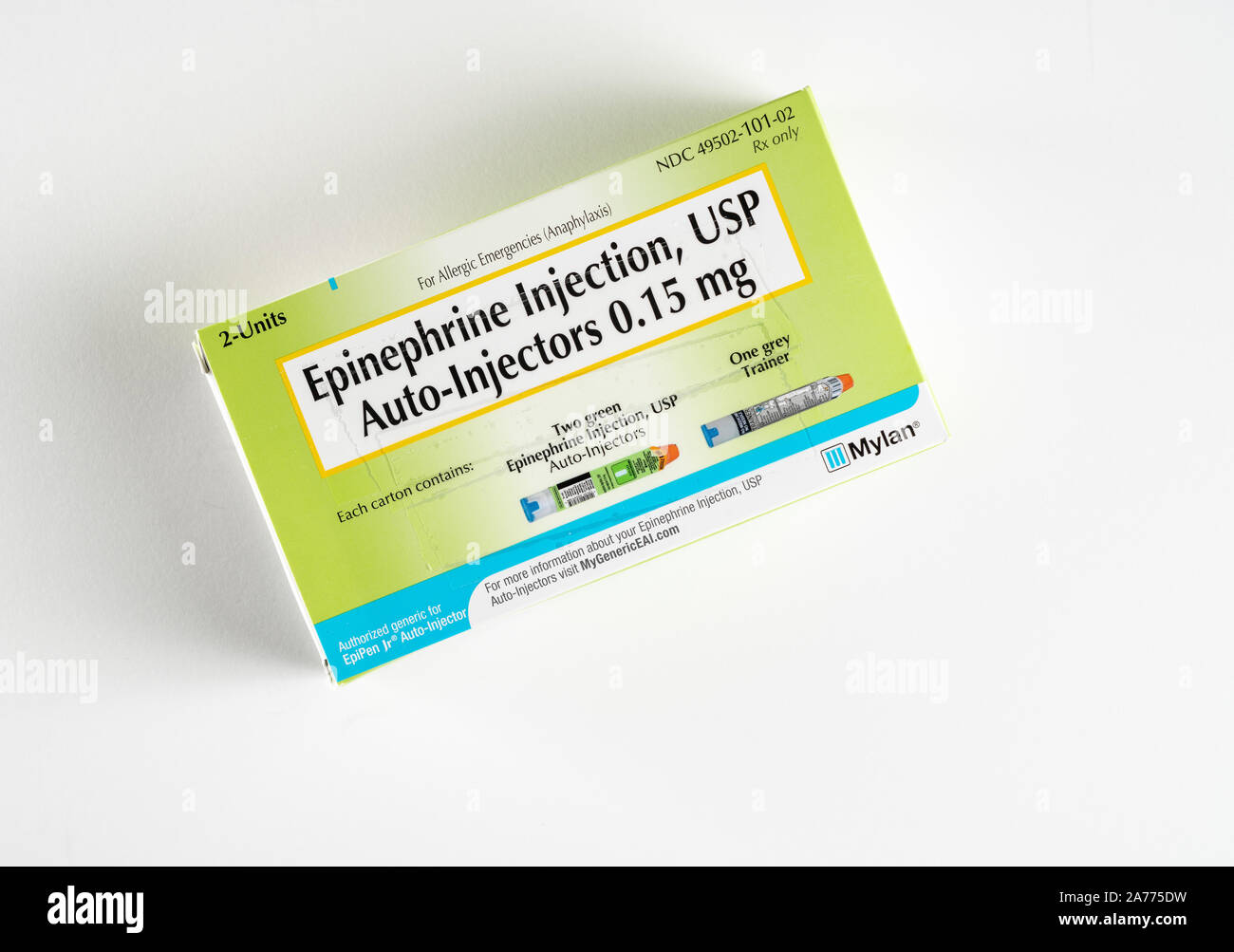Morgantown, WV - 30 October 2019: Prescription box for two junior EpiPens for anaphylaxis in children or infants Stock Photo