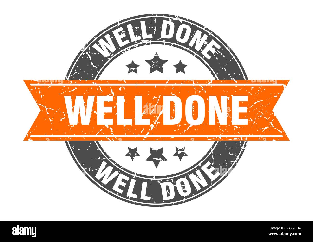 well done round stamp with orange ribbon. well done Stock Vector