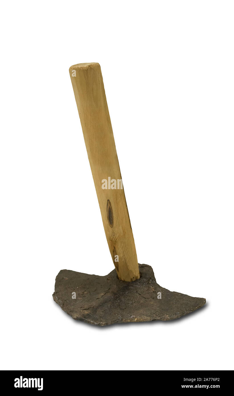 Roman hoe. Agricultural iron tool with replica wooden handle and original wide head. Isolated. Montilla Local History Museum Stock Photo