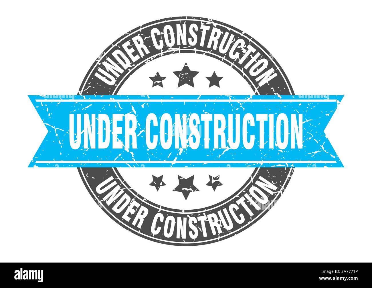 under construction round stamp with turquoise ribbon. under construction Stock Vector