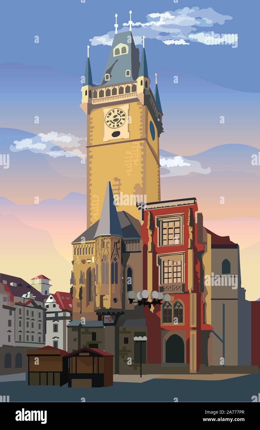 Colorful vector Illustration of Old Town Hall in Prague. Landmark of Prague, Czech Republic. Vector illustration of landmark of Prague. Stock Vector