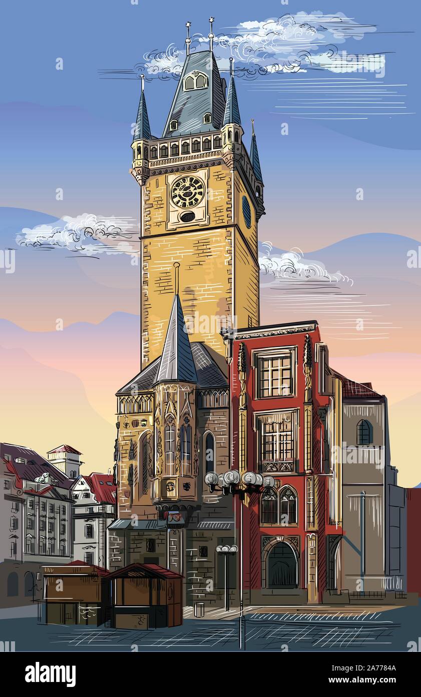 Colorful vector hand drawing Illustration of Old Town Hall in Prague. Landmark of Prague, Czech Republic. Vector illustration of landmark of Prague. Stock Vector