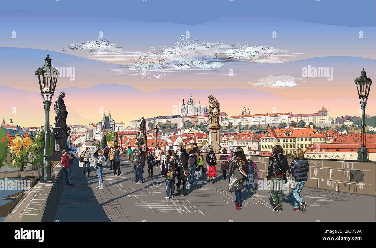 Colorful vector hand drawing Illustration of Charles Bridge and panorama of  Prague. Landmark of Prague, Czech Republic.Colorful vector illustration o Stock Vector