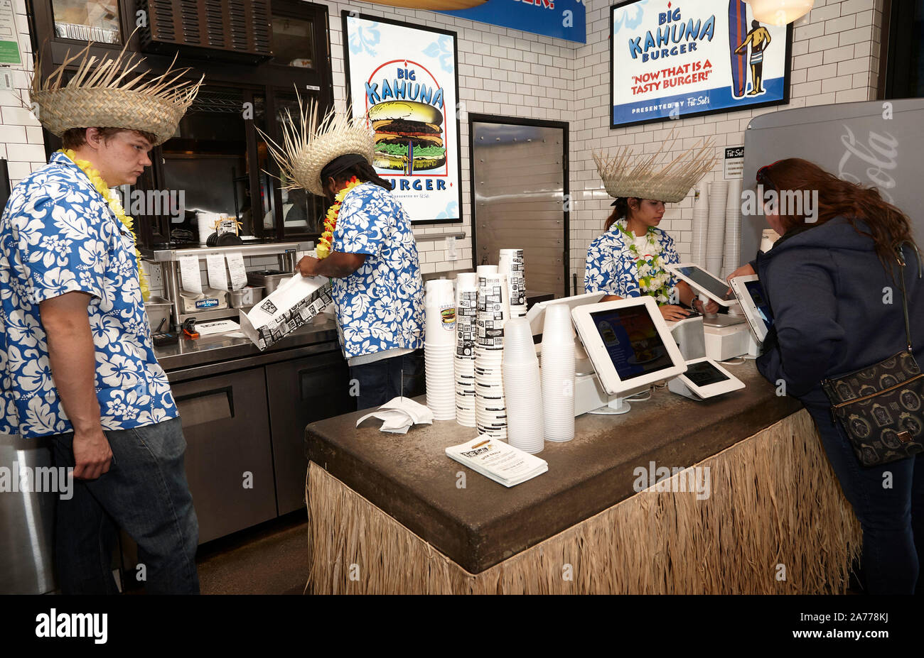 Los Angeles, CA. 30th Oct, 2019. Big Kahuna Burger pop-up on Octorber 30, 2019 in Los Angeles CA. Credit: Cra Sh/Image Space/Media Punch/Alamy Live News Stock Photo