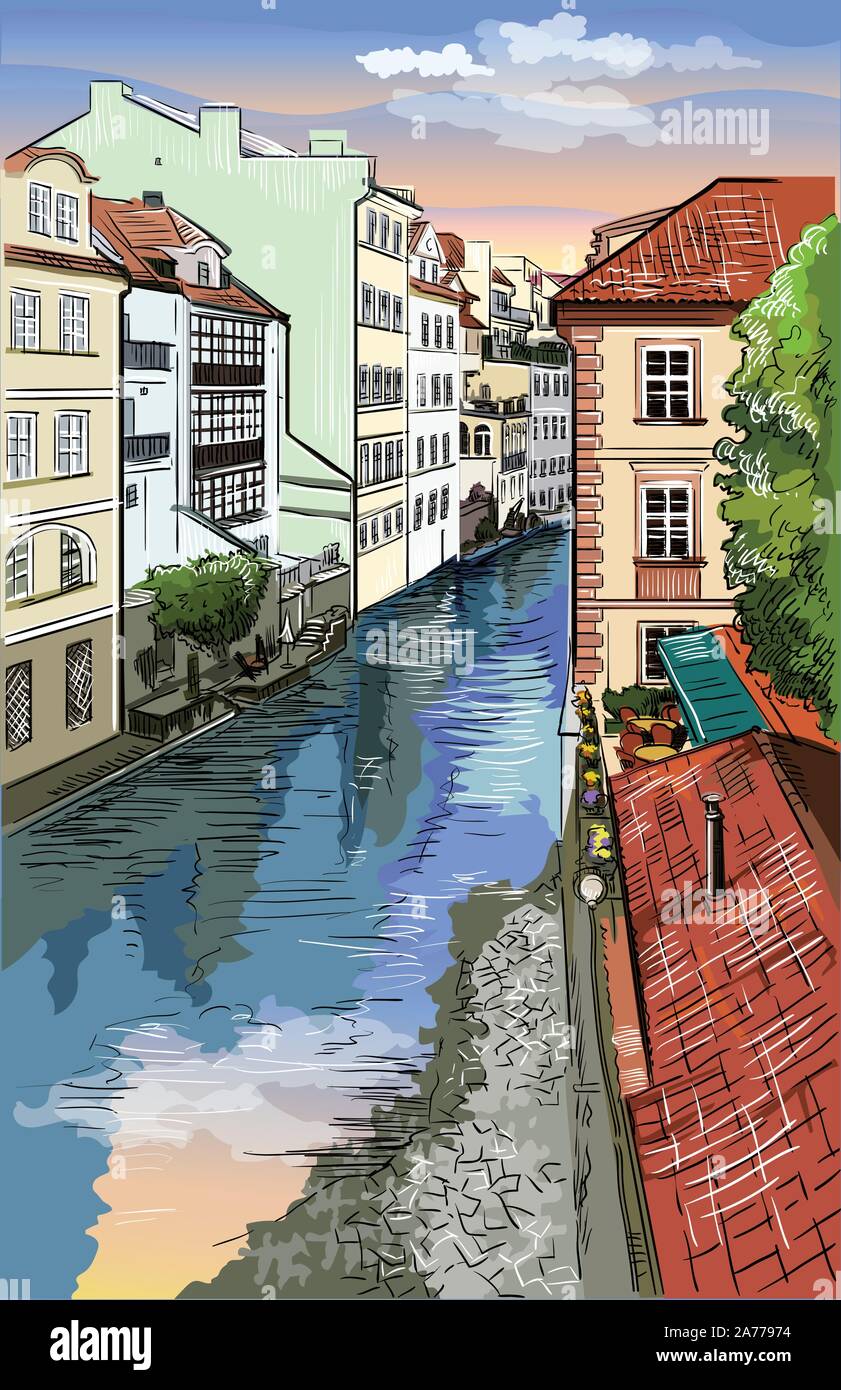 Colorful vector hand drawing Illustration of Certovka Canall in Prague. Landmark of Prague, Czech Republic. Colorful vector illustration of landmark o Stock Vector