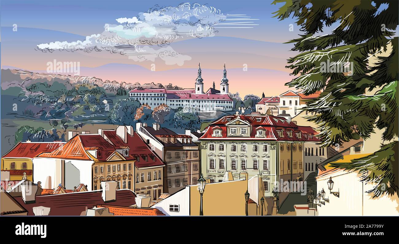 Colorful vector hand drawing Illustration of panoramic cityscape of Prague. Strahov Monastery and roofs of Prague. Landmark of Prague, Czech Republic. Stock Vector